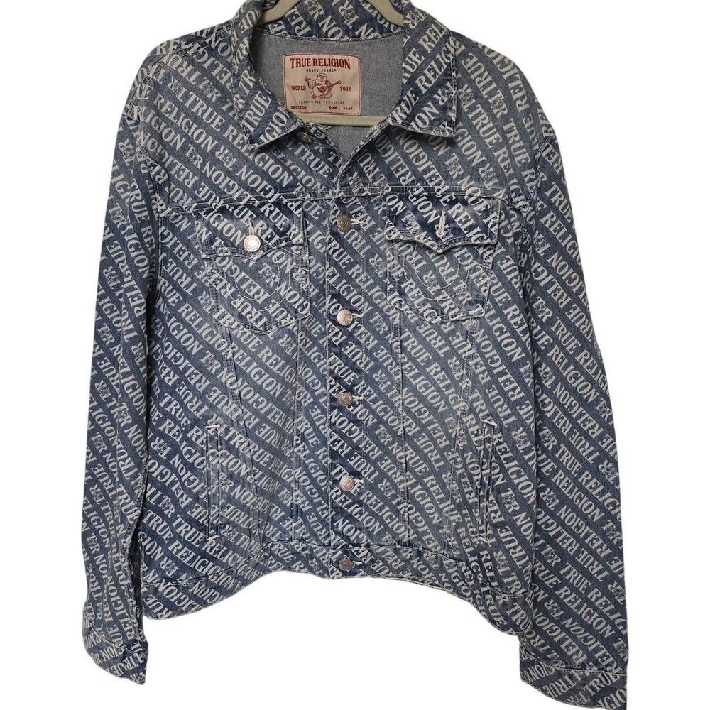 True Religion Mens XL Denim Jean Jacket All Over Logo World Tour NWOT NEW